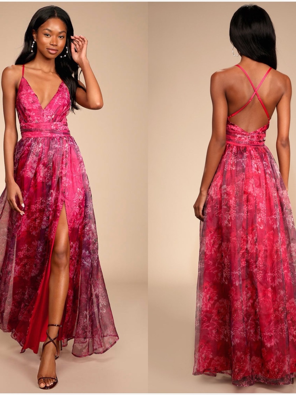LULU'S Romance That Wows Magenta Floral Print Organza
Maxi Dress